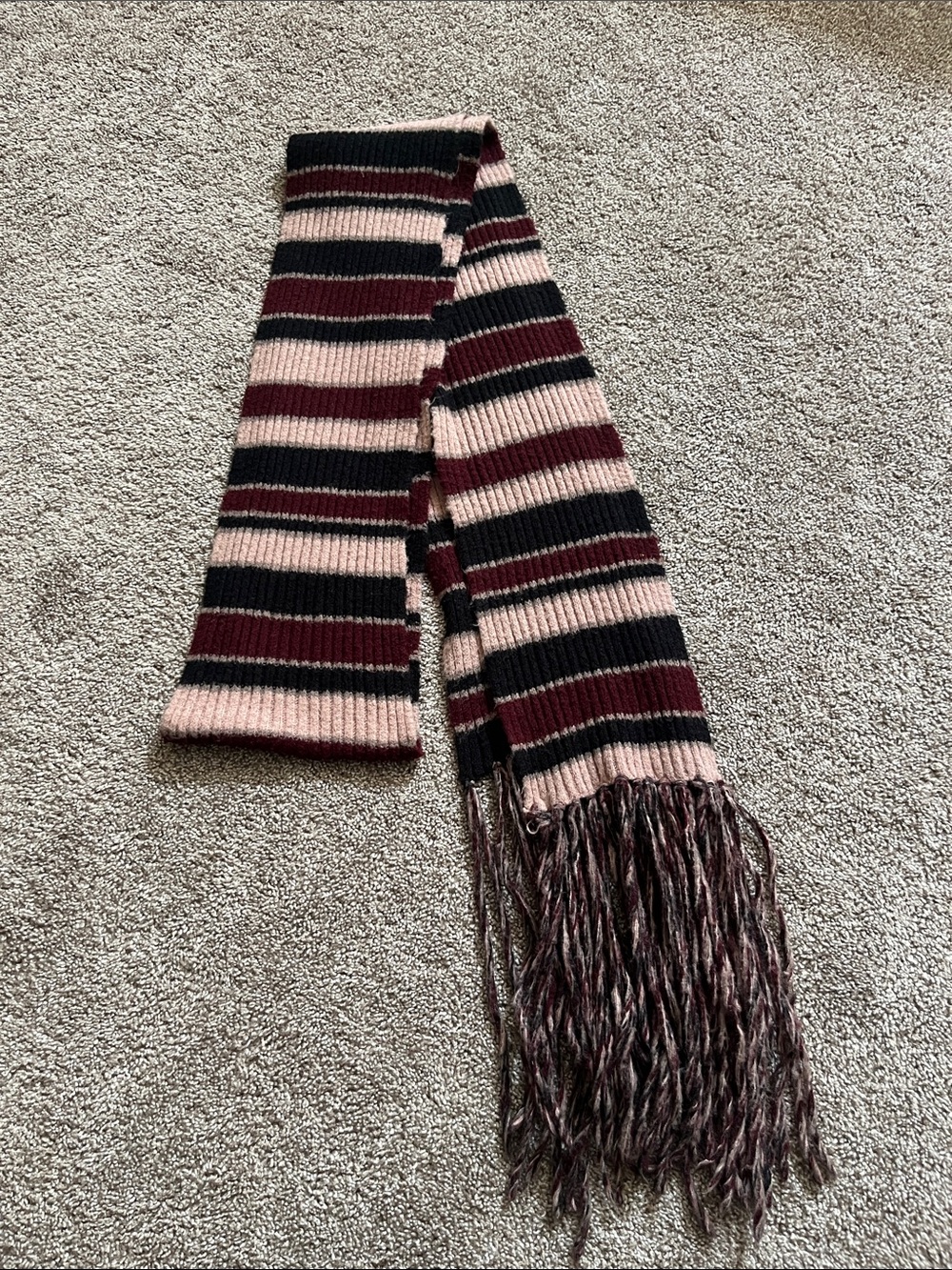 Vintage 2000’s Bebe Striped Ribbed Knit Scarf in Pink, Black & Burgundy